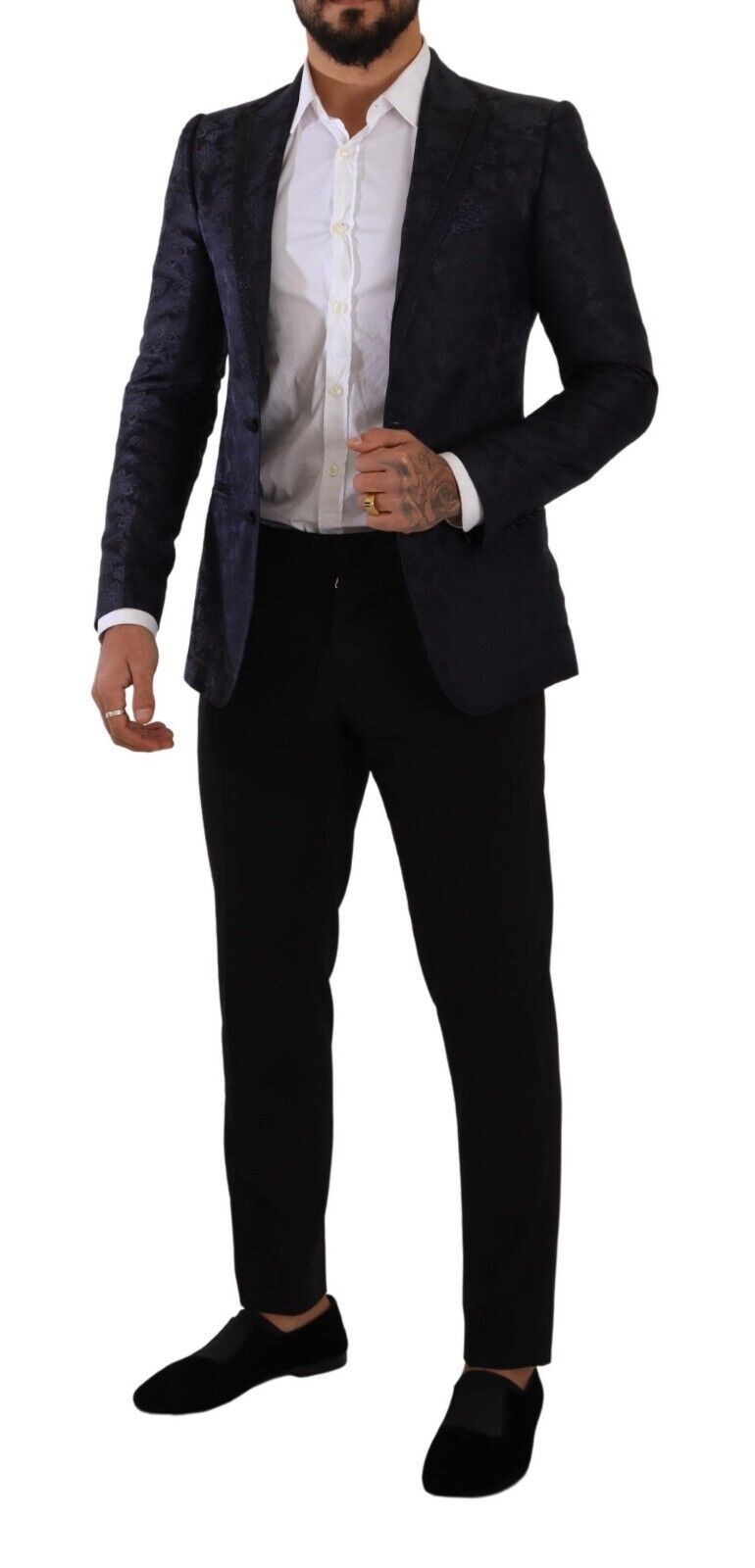 Dolce & Gabbana, manteau en soie jacquard bleu à motifs floraux, veste MARTINI.