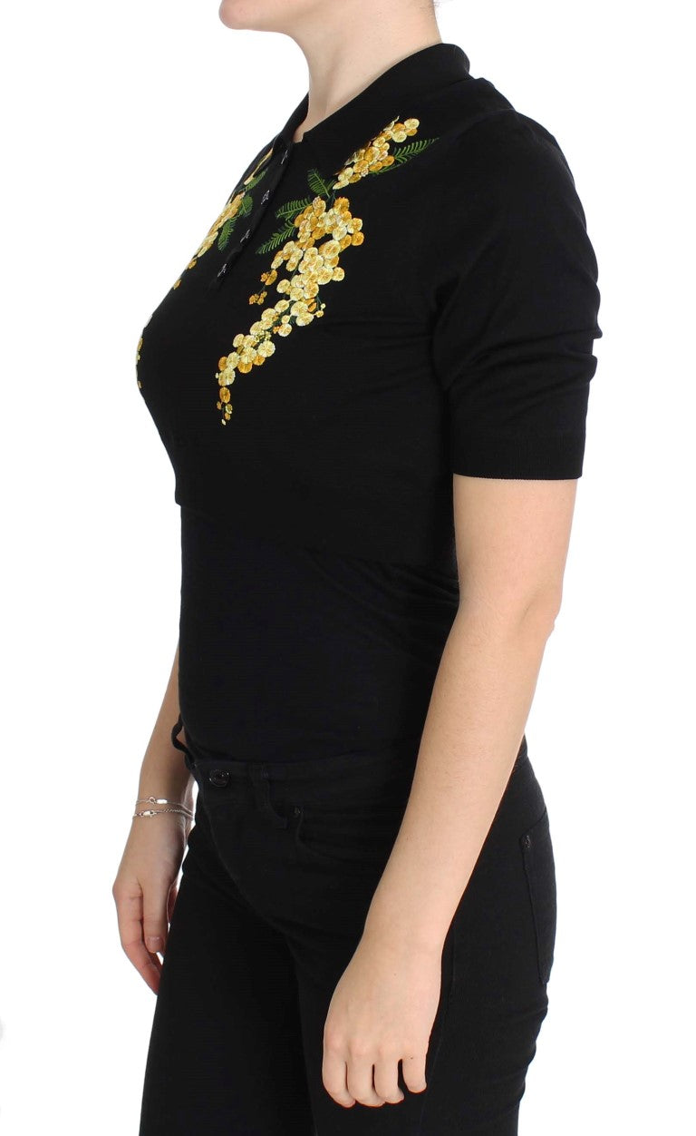 Polo en soie noire brodé de fleurs de Dolce & Gabbana