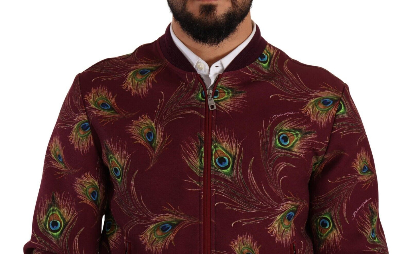 Veste à fermeture éclair intégrale en polyester extensible rouge à motif paon de Dolce & Gabbana