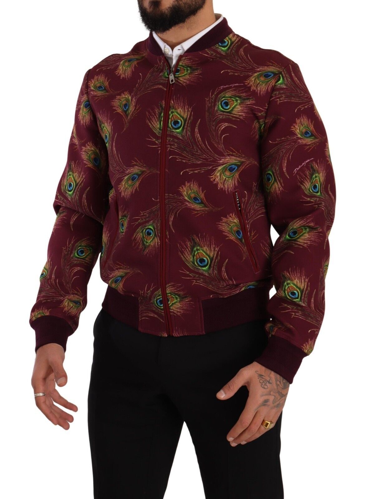 Veste à fermeture éclair intégrale en polyester extensible rouge à motif paon de Dolce & Gabbana
