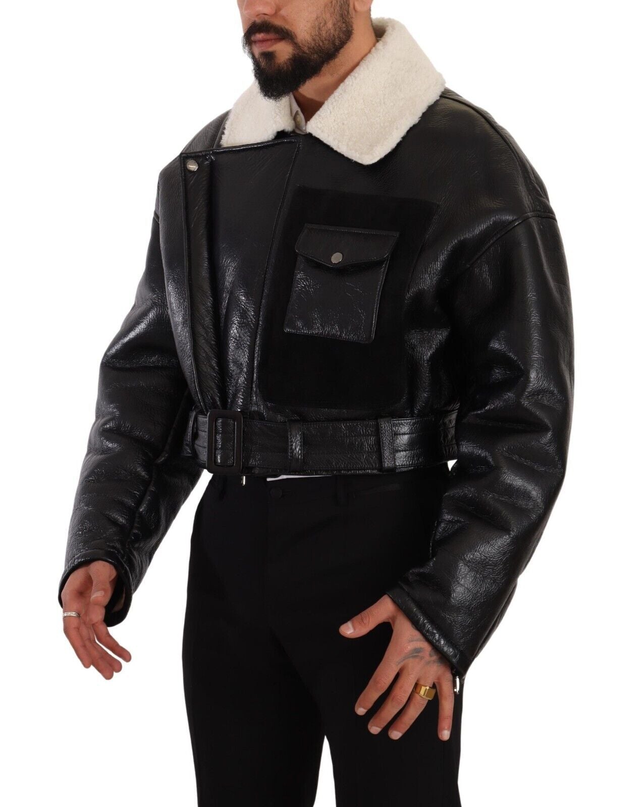 Dolce & Gabbana Veste motard en cuir noir et mouton