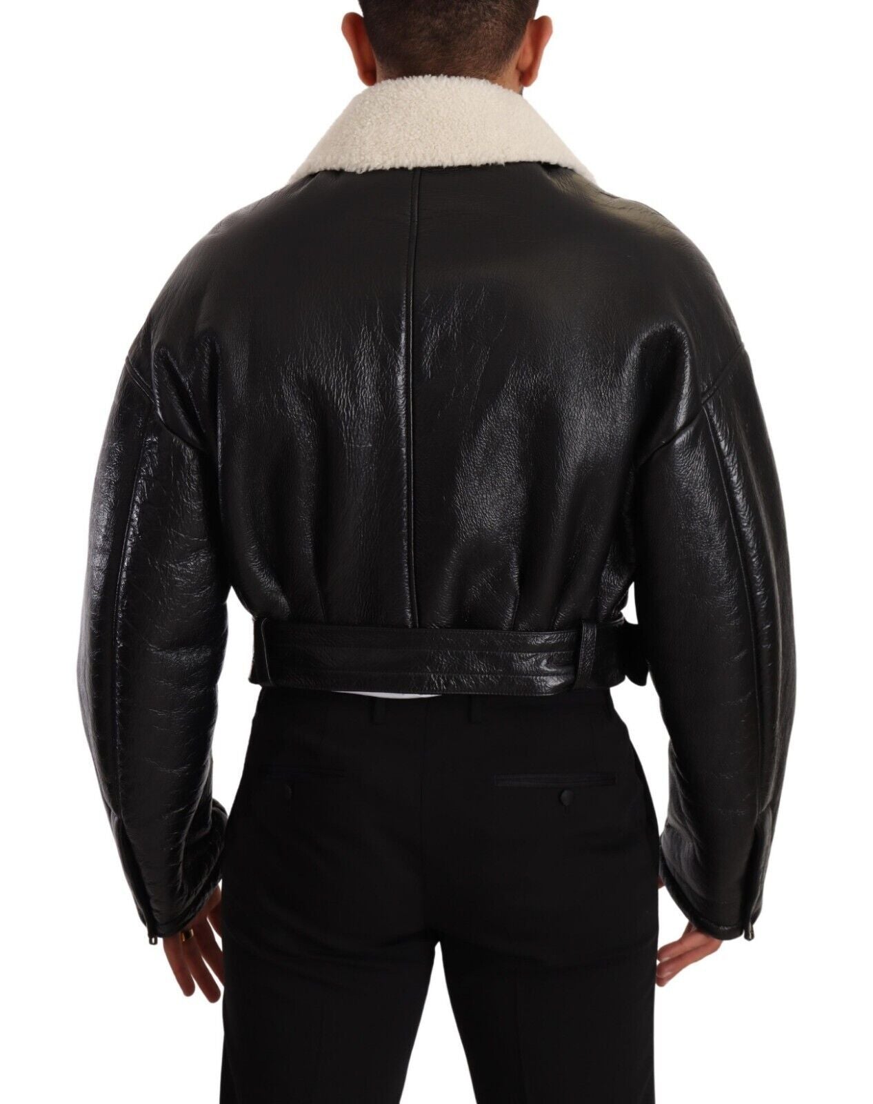 Dolce & Gabbana Veste motard en cuir noir et mouton