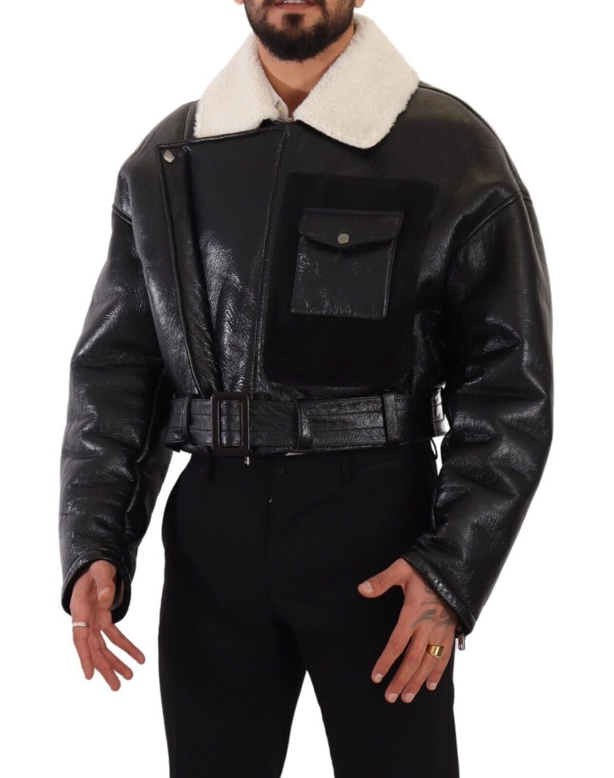 Dolce & Gabbana Veste motard en cuir noir et mouton