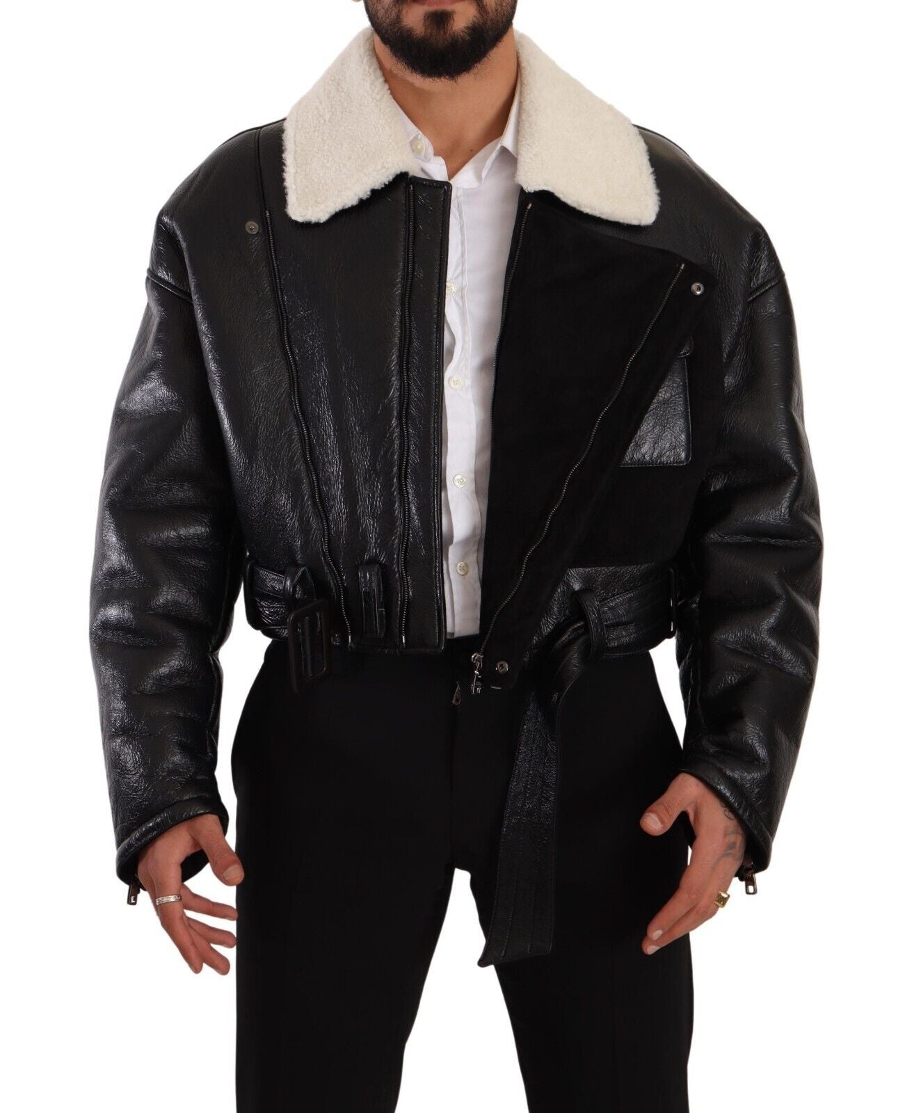 Dolce & Gabbana Veste motard en cuir noir et mouton