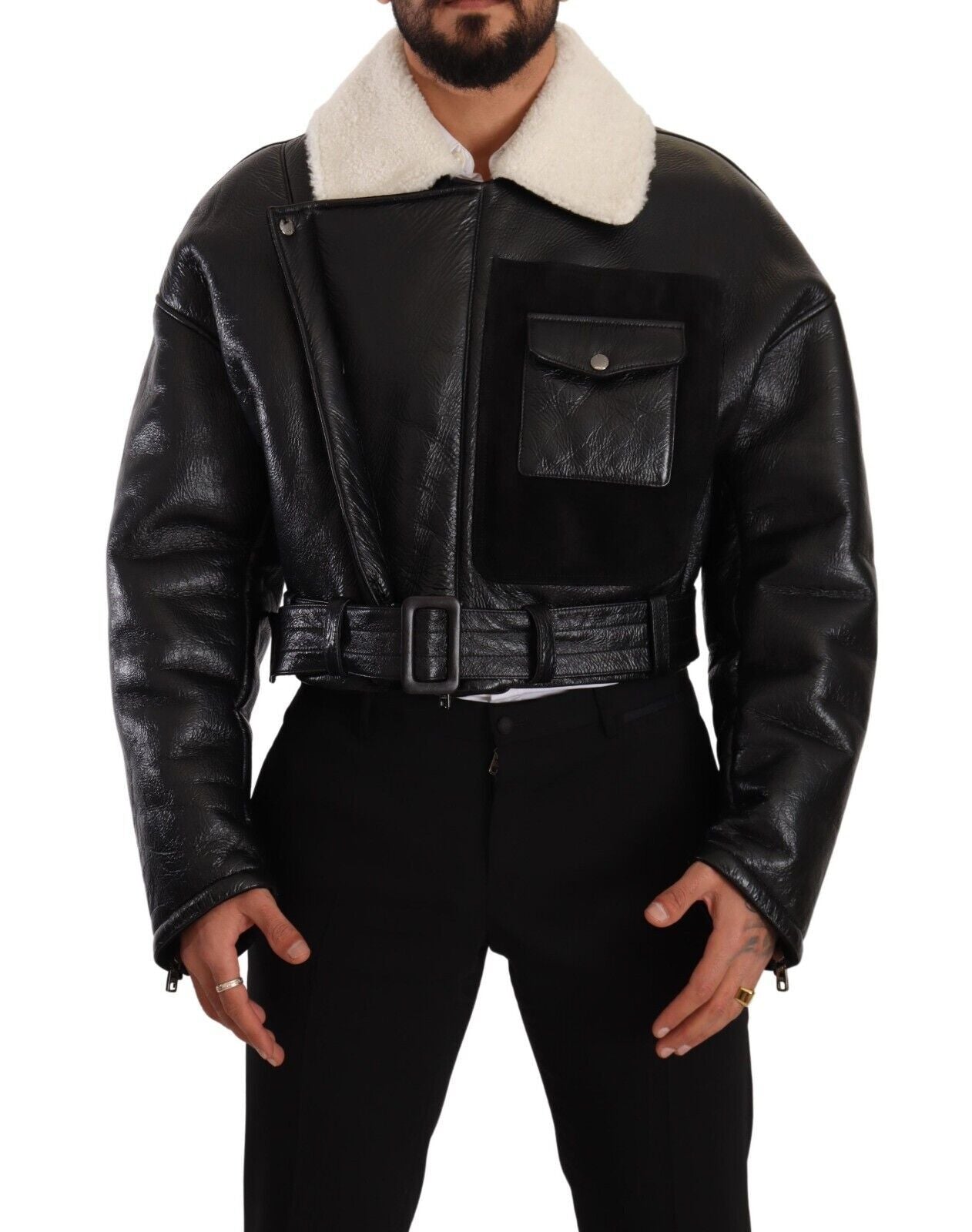Dolce & Gabbana Veste motard en cuir noir et mouton