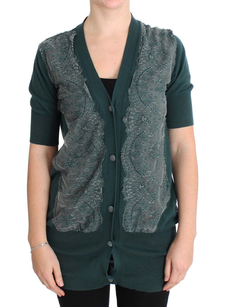 PINK MEMORIES Pull cardigan en coton à dentelle verte