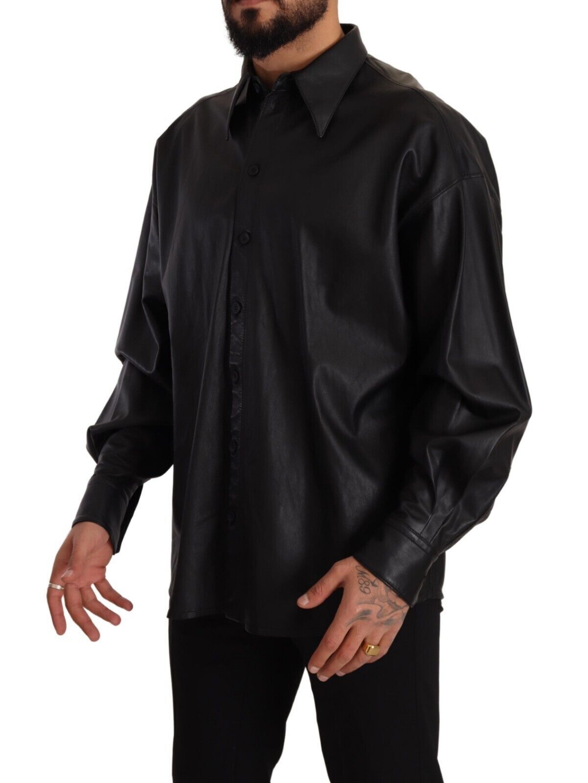 Veste en cuir noir à col boutonné pour homme de Dolce & Gabbana