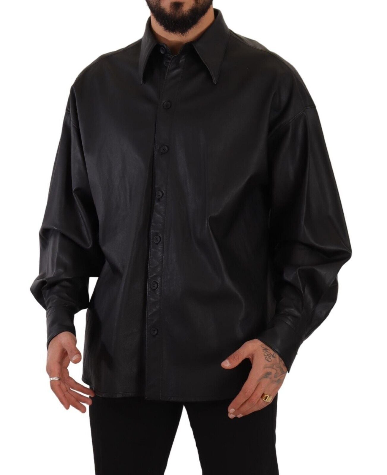 Veste en cuir noir à col boutonné pour homme de Dolce & Gabbana
