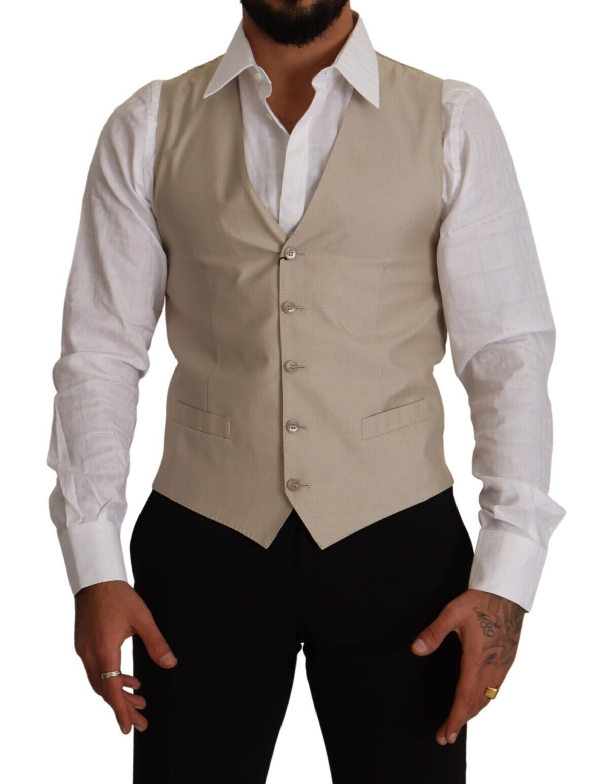 Gilet sans manches en coton et soie beige, coupe ajustée, Dolce & Gabbana