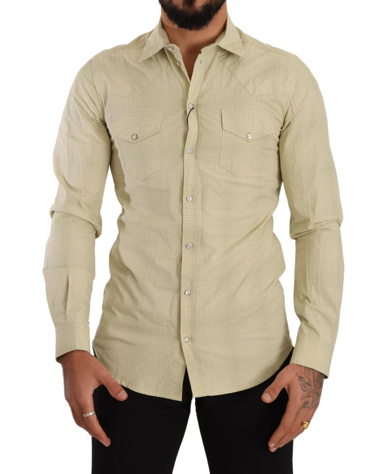 Chemise décontractée à manches courtes en coton SICILIA jaune de Dolce & Gabbana, coupe slim.