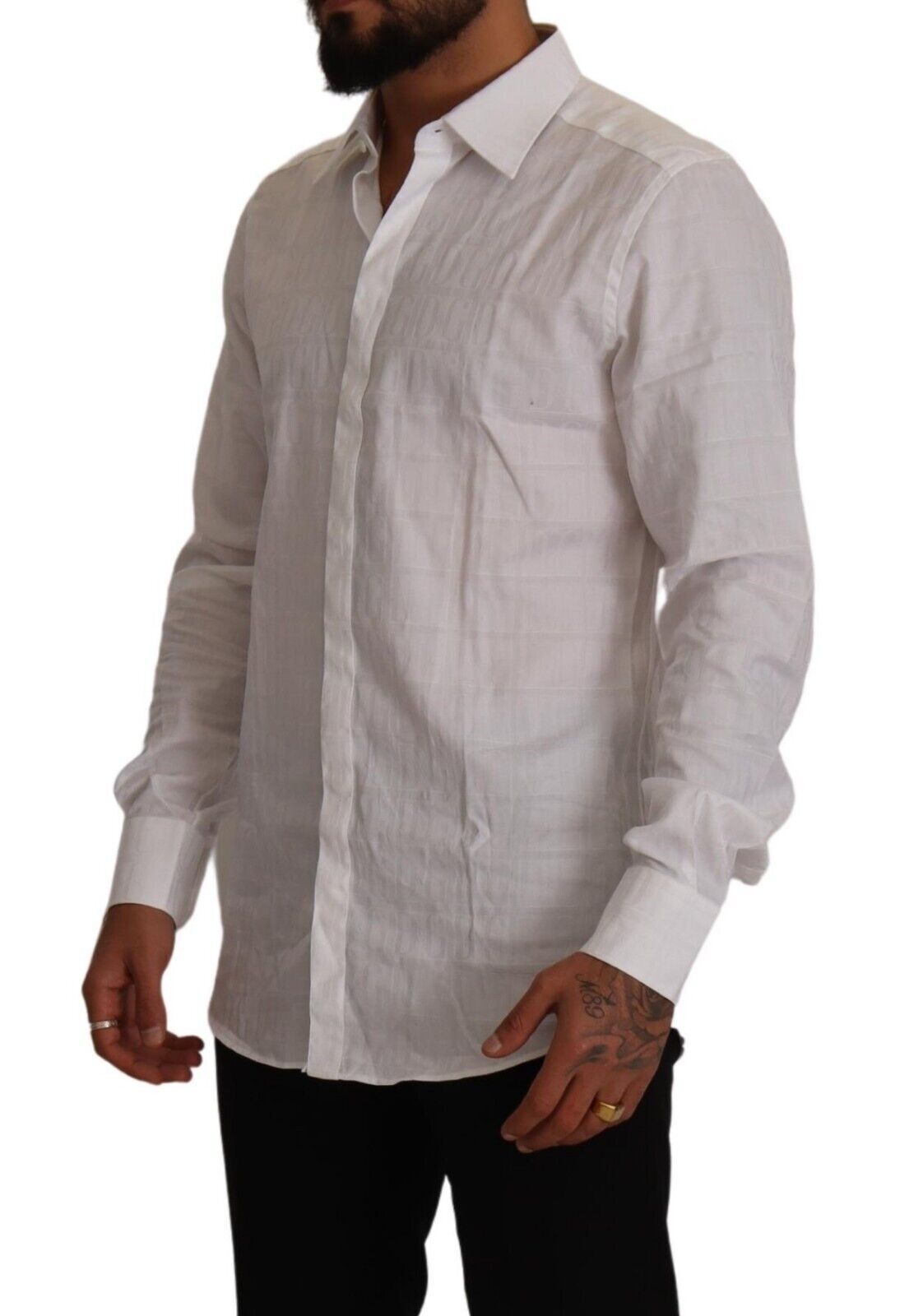 Chemise habillée blanche en coton, coupe slim, ornée de détails dorés, Dolce & Gabbana.