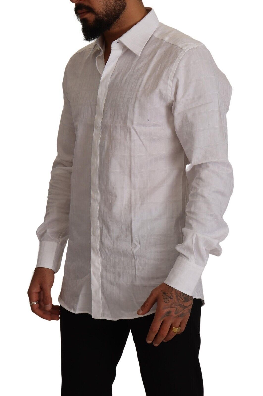 Chemise habillée blanche en coton, coupe slim, ornée de détails dorés, Dolce & Gabbana.