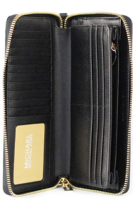 Michael Kors Jet Set Travel grote zwarte leren portemonnee met rits en handvat (Jet Set Travel Large Black Pebble Leather Continental Wrist Wallet)