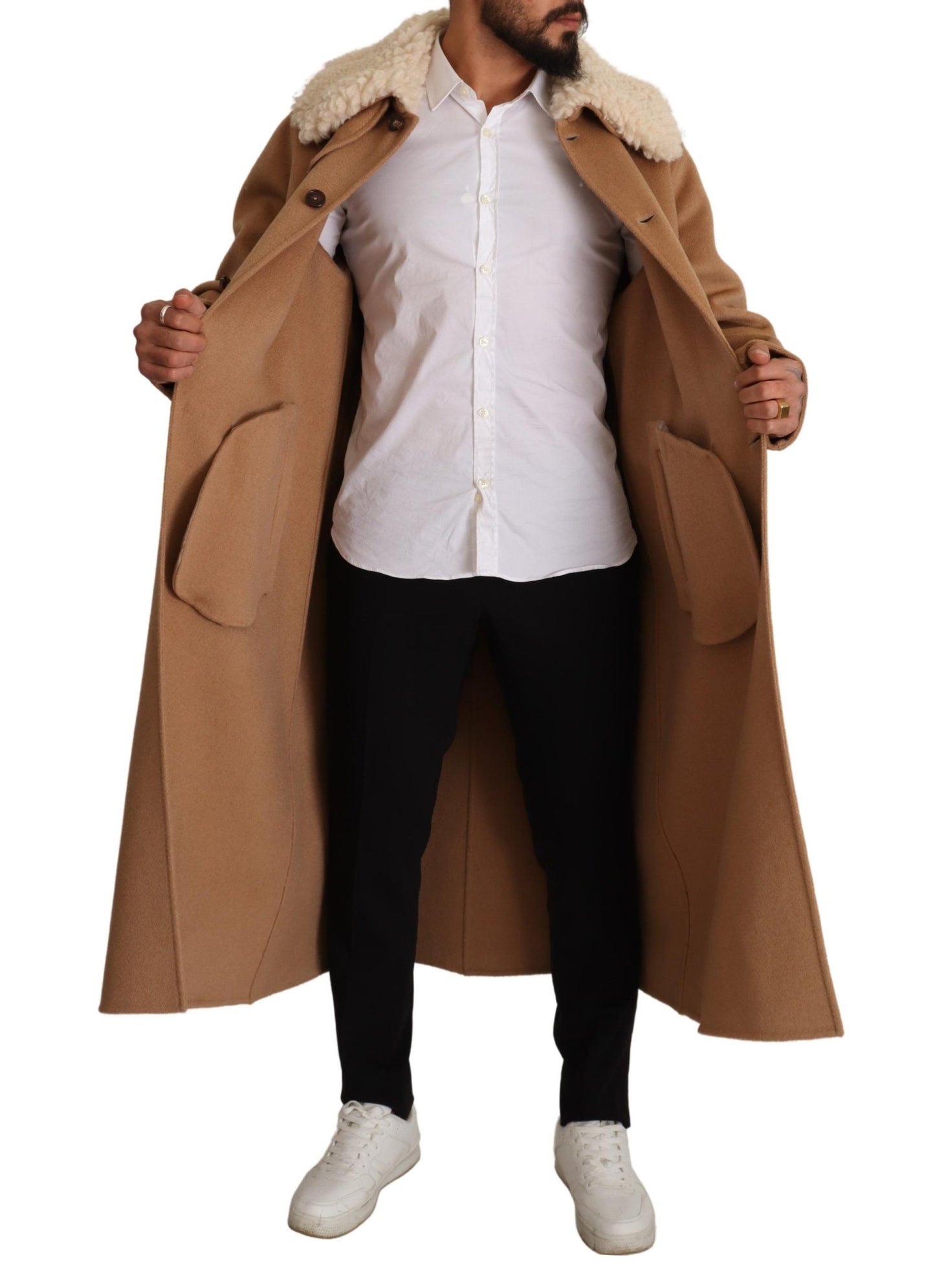 Dolce & Gabbana Veste-manteau en peau de chameau beige, cachemire et peau de mouton retournée