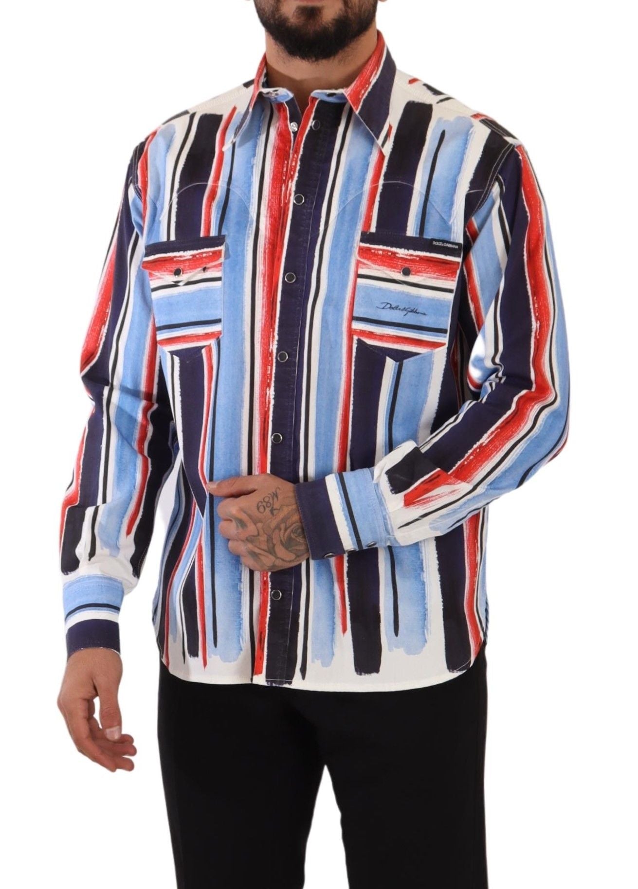 Chemise en coton à manches longues rayée rouge Dolce & Gabbana, bleu.