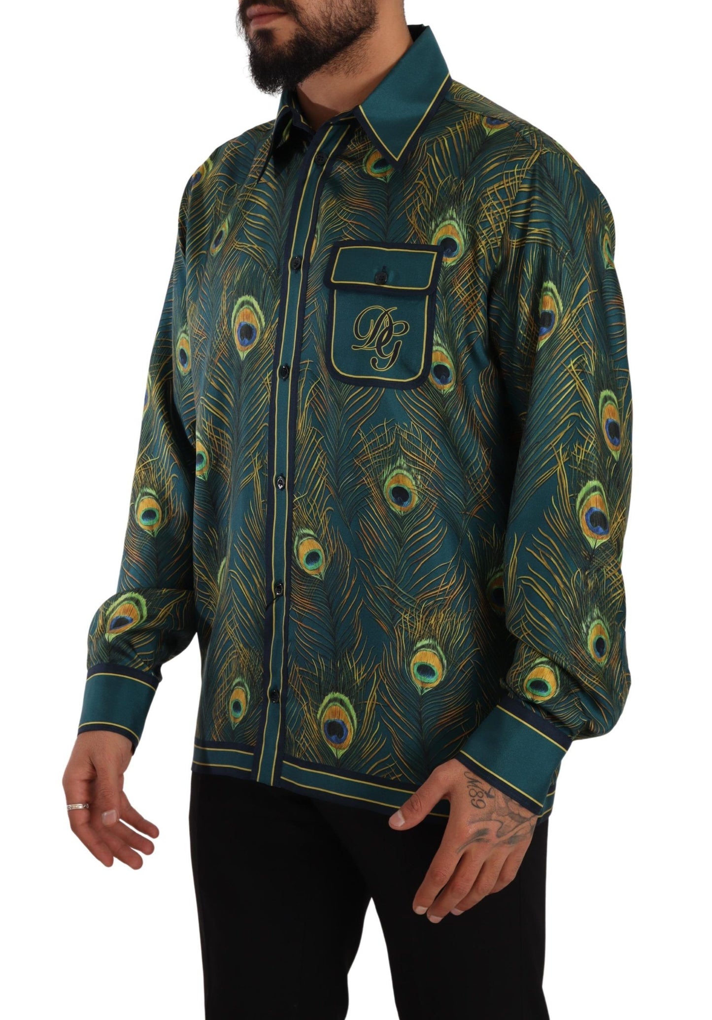Chemise de pyjama en soie à imprimé plumes de paon Dolce & Gabbana pour homme