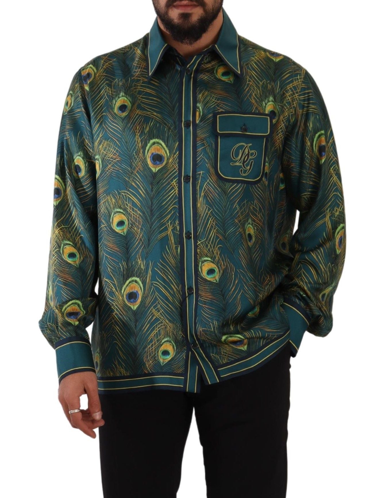 Chemise de pyjama en soie à imprimé plumes de paon Dolce & Gabbana pour homme