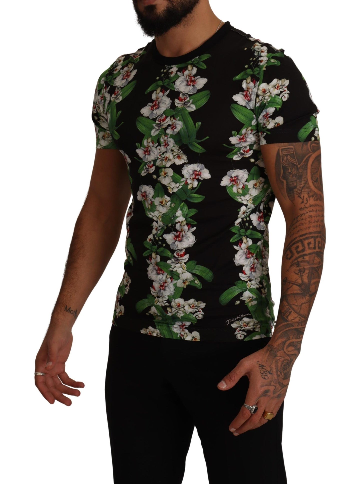 T-shirt à col rond noir à imprimé floral de Dolce & Gabbana
