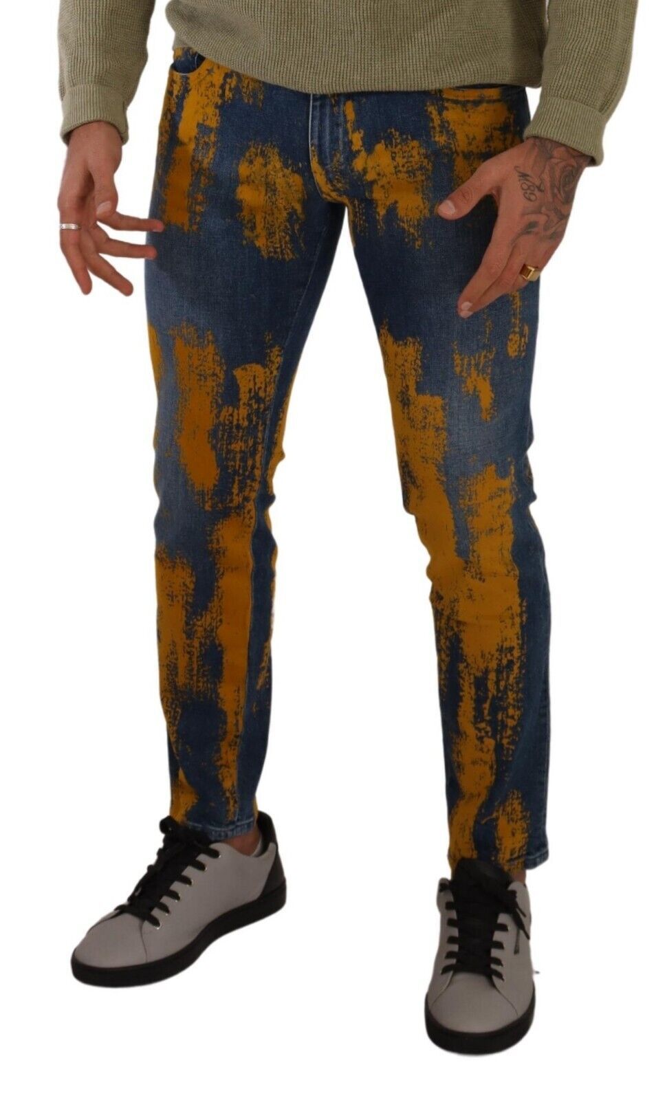Jean skinny en coton pour homme, bleu et jaune, teinture délavée, Dolce & Gabbana