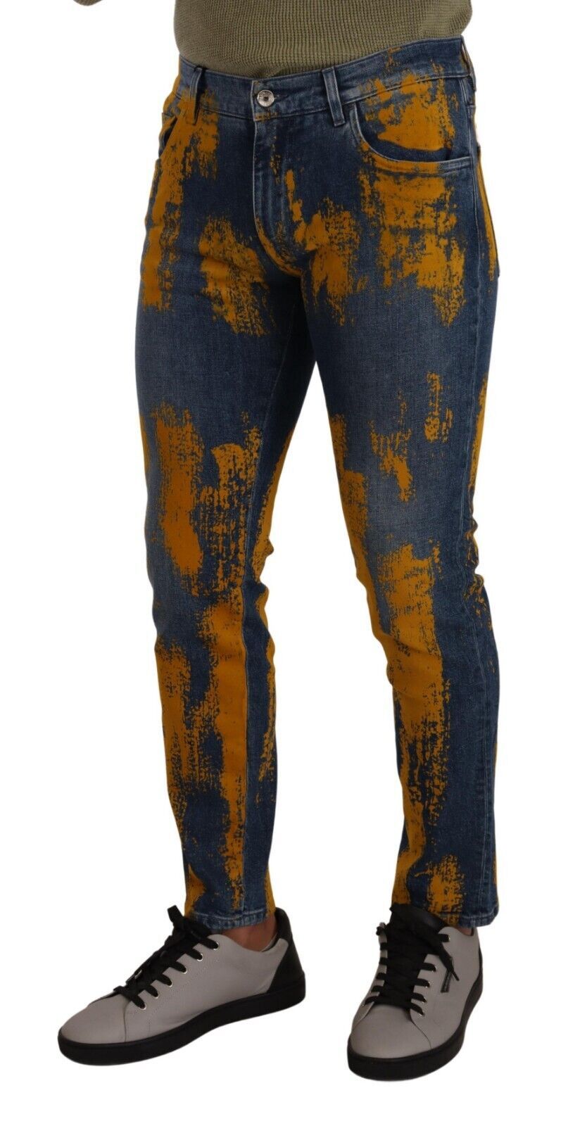 Jean skinny en coton pour homme, bleu et jaune, teinture délavée, Dolce & Gabbana