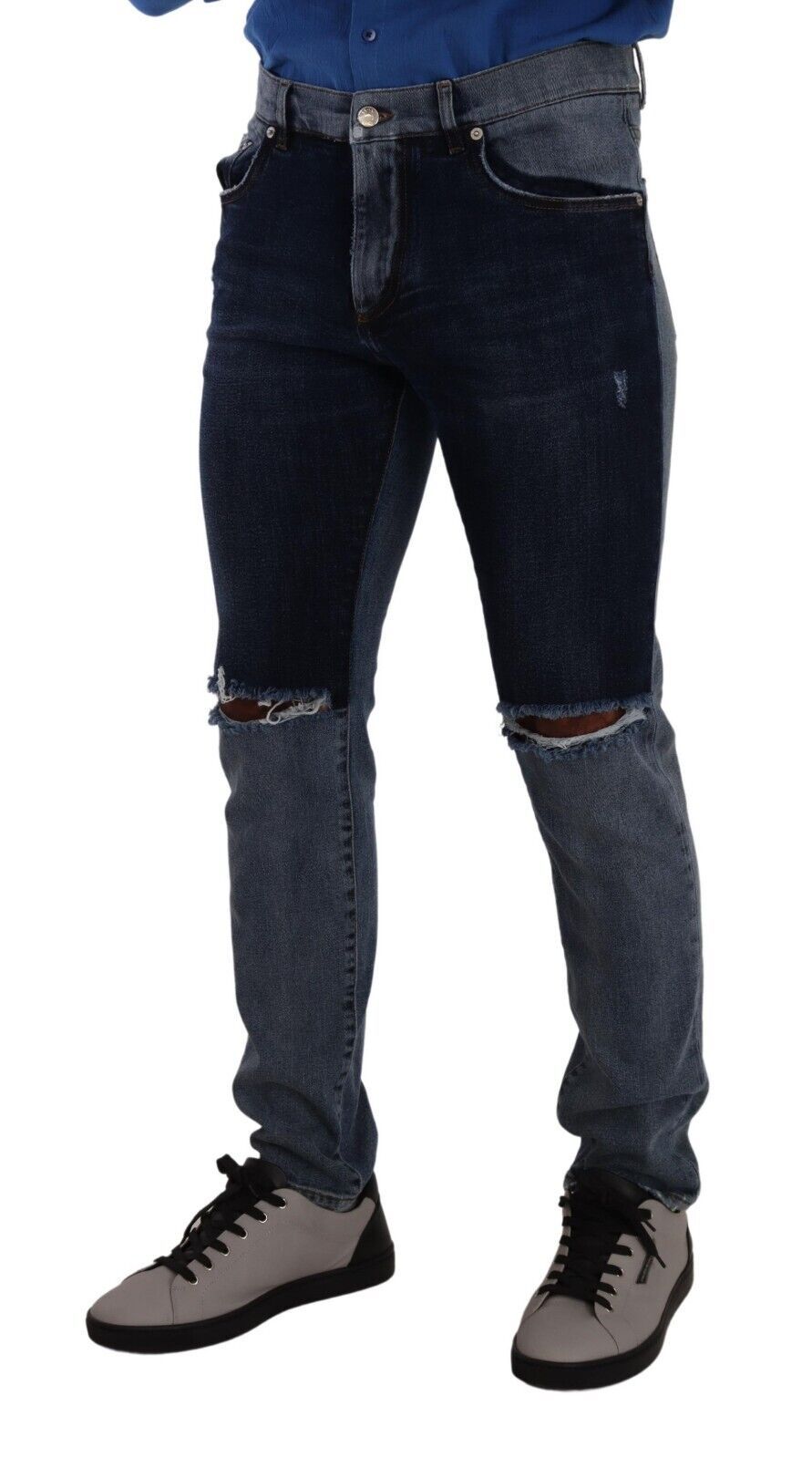Jeans slim en coton délavé bleu à deux tons, déchirés, Dolce & Gabbana