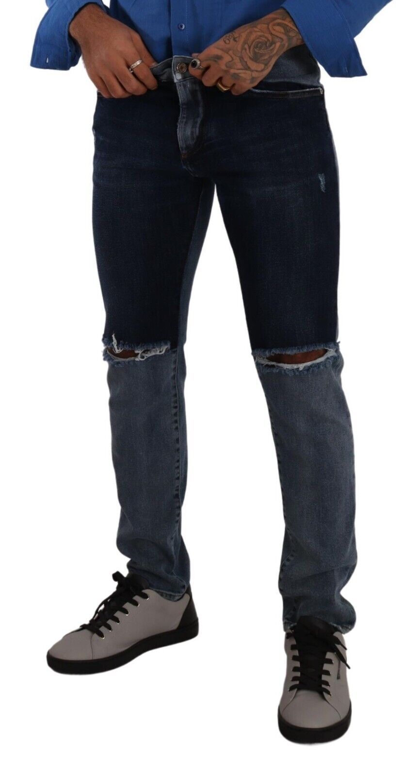 Jeans slim en coton délavé bleu à deux tons, déchirés, Dolce & Gabbana