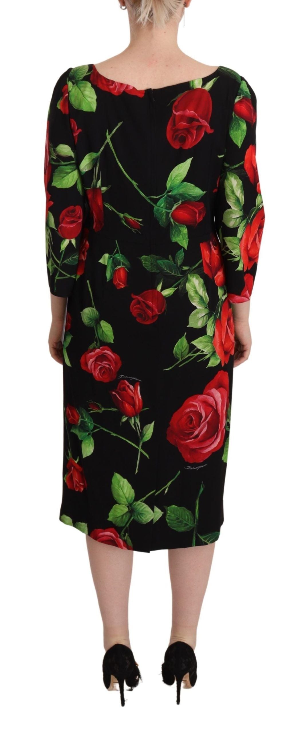 Robe fourreau en soie extensible Dolce & Gabbana, noire avec roses rouges.