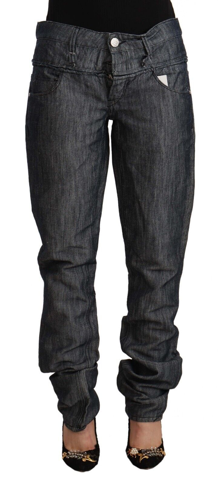 Acht donkergrijze ramie rechte jeans met hoge taille en brede pijpen