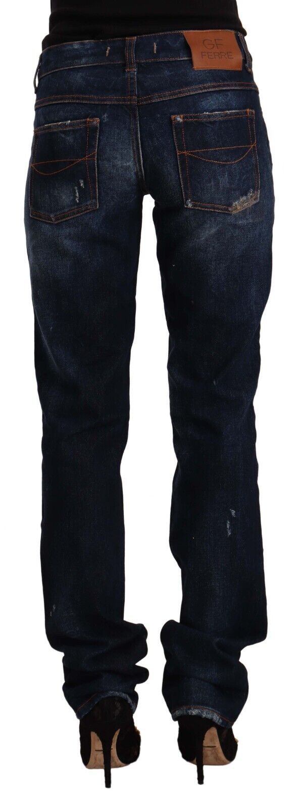 Jeans droit en coton délavé, taille mi-hauteur, bleu foncé de GF Ferre