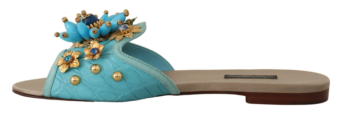 Sandales Dolce & Gabbana en cuir exotique bleu avec cristaux bleus.