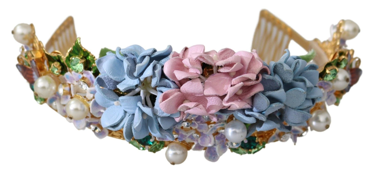 Serre-tête couronne diadème Dolce & Gabbana en cristal doré et hortensia violet