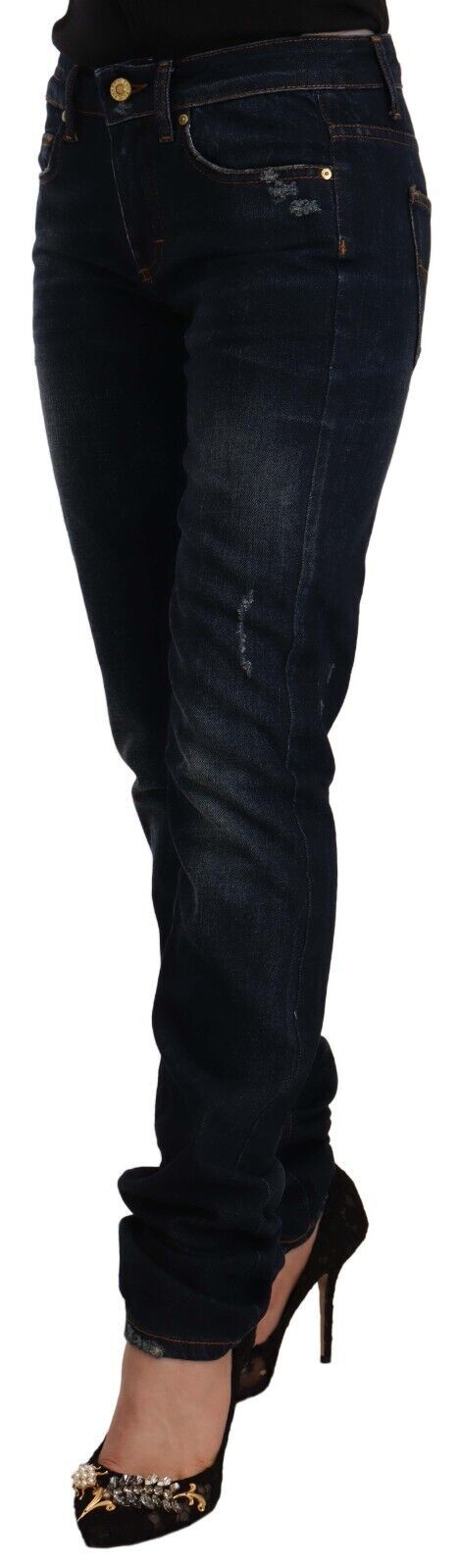 Jeans skinny en coton délavé bleu foncé à taille mi-hauteur GF Ferre