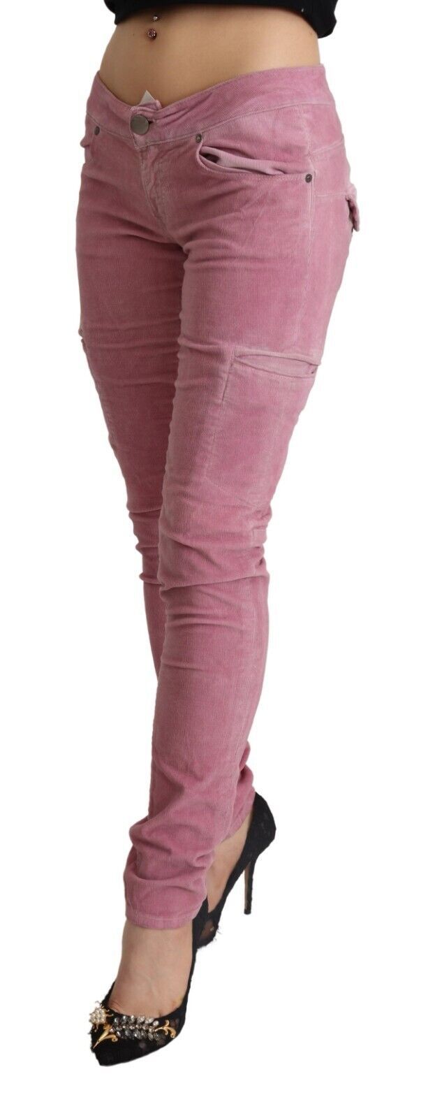Jeans cargo skinny en coton rose clair à taille basse Acht