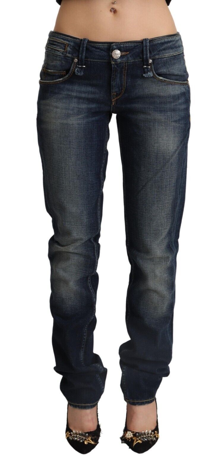 Jeans skinny en coton délavé bleu foncé à taille basse Acht