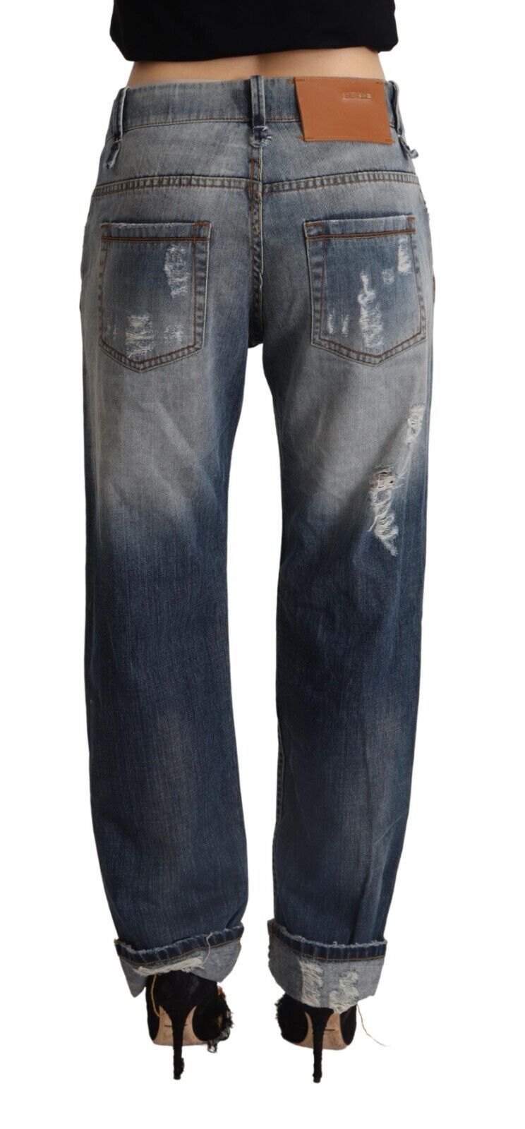 Jeans en coton droit, taille mi-hauteur, bleu déchiré, Acht.