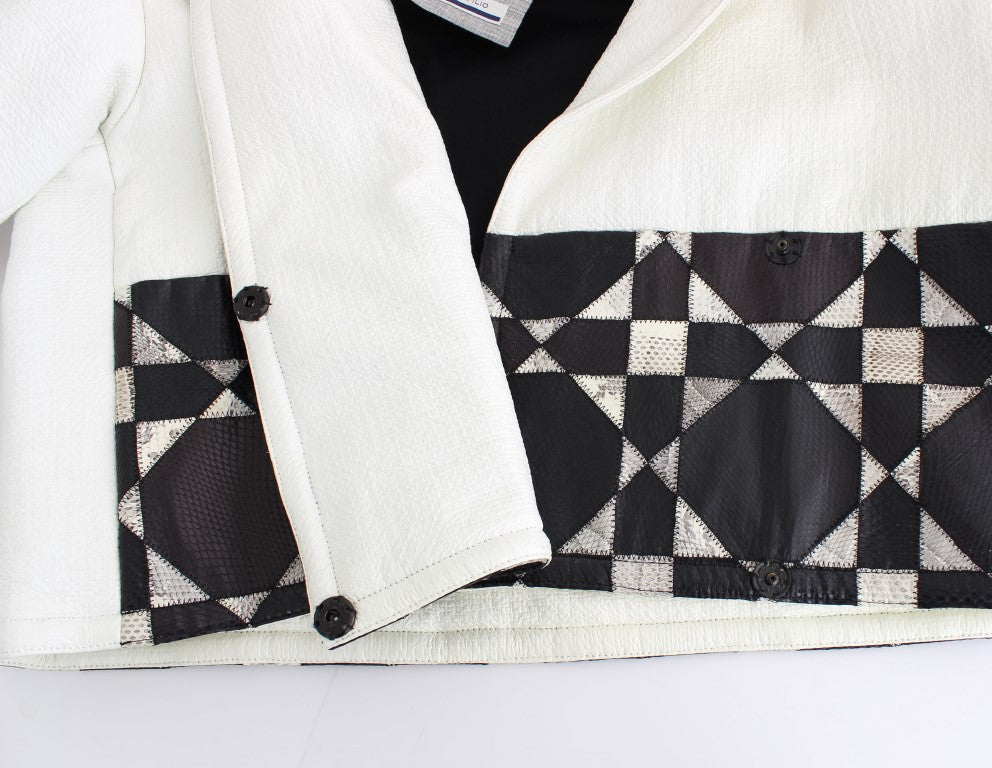 Veste en cuir courte blanche et noire d'Andrea Pompilio