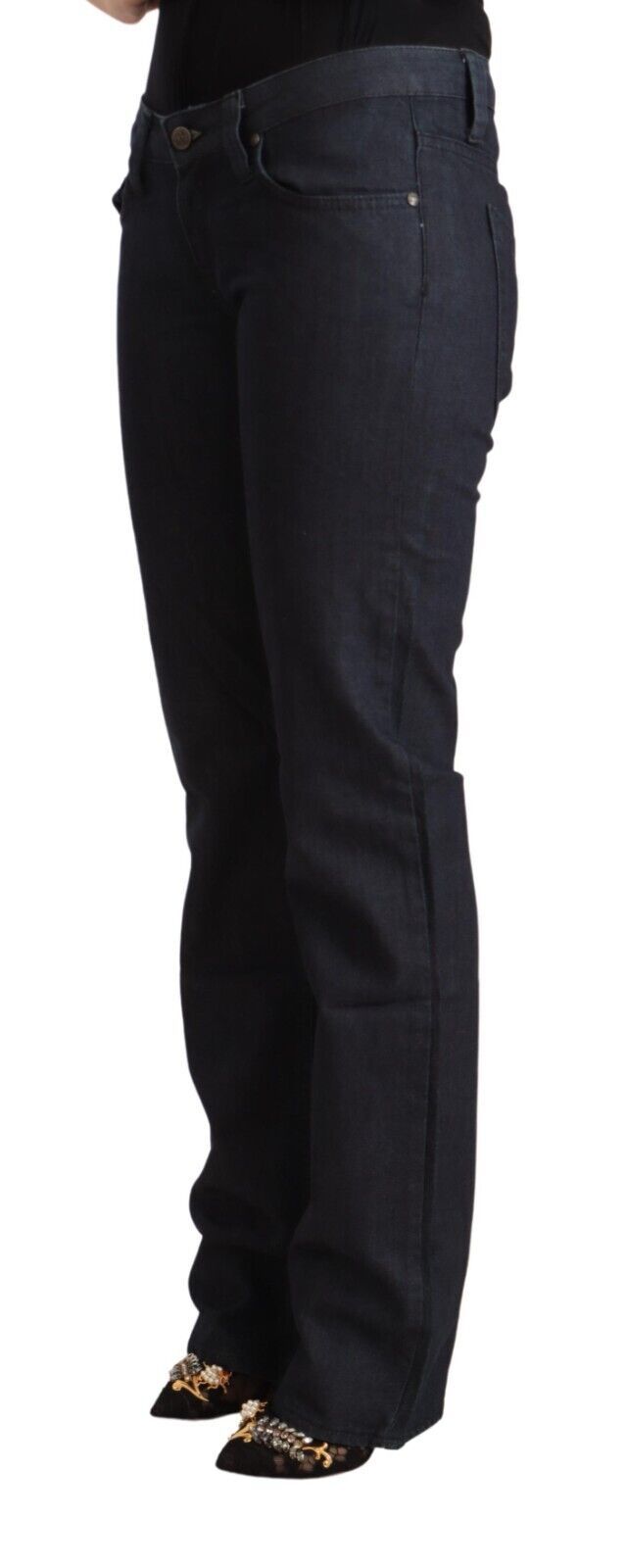 Exte donkerblauwe, rekbare katoenen, rechte jeans met lage taille.