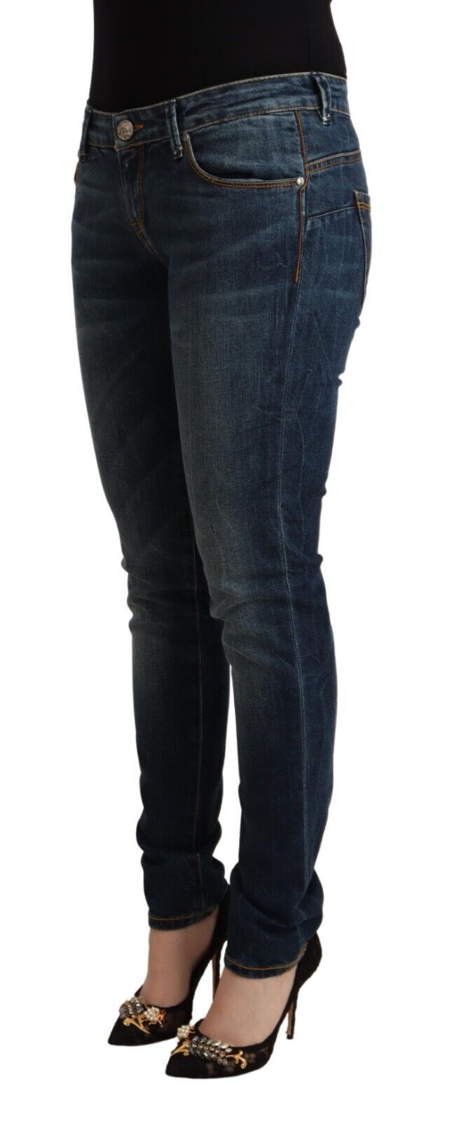 Jeans en coton délavé bleu, taille basse, coupe slim Acht