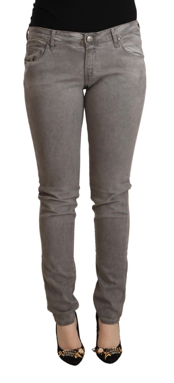 Acht grijze katoenen skinny push-up jeans met lage taille.