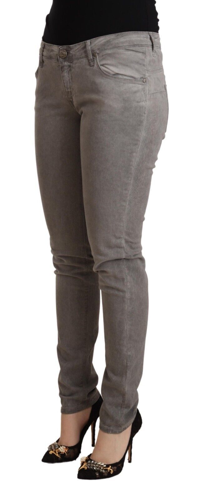 Acht grijze katoenen skinny push-up jeans met lage taille.