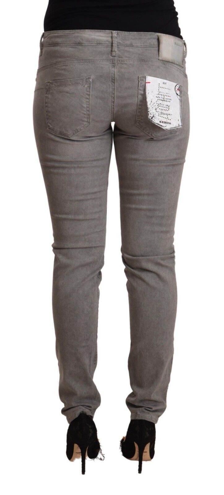 Acht grijze katoenen skinny push-up jeans met lage taille.