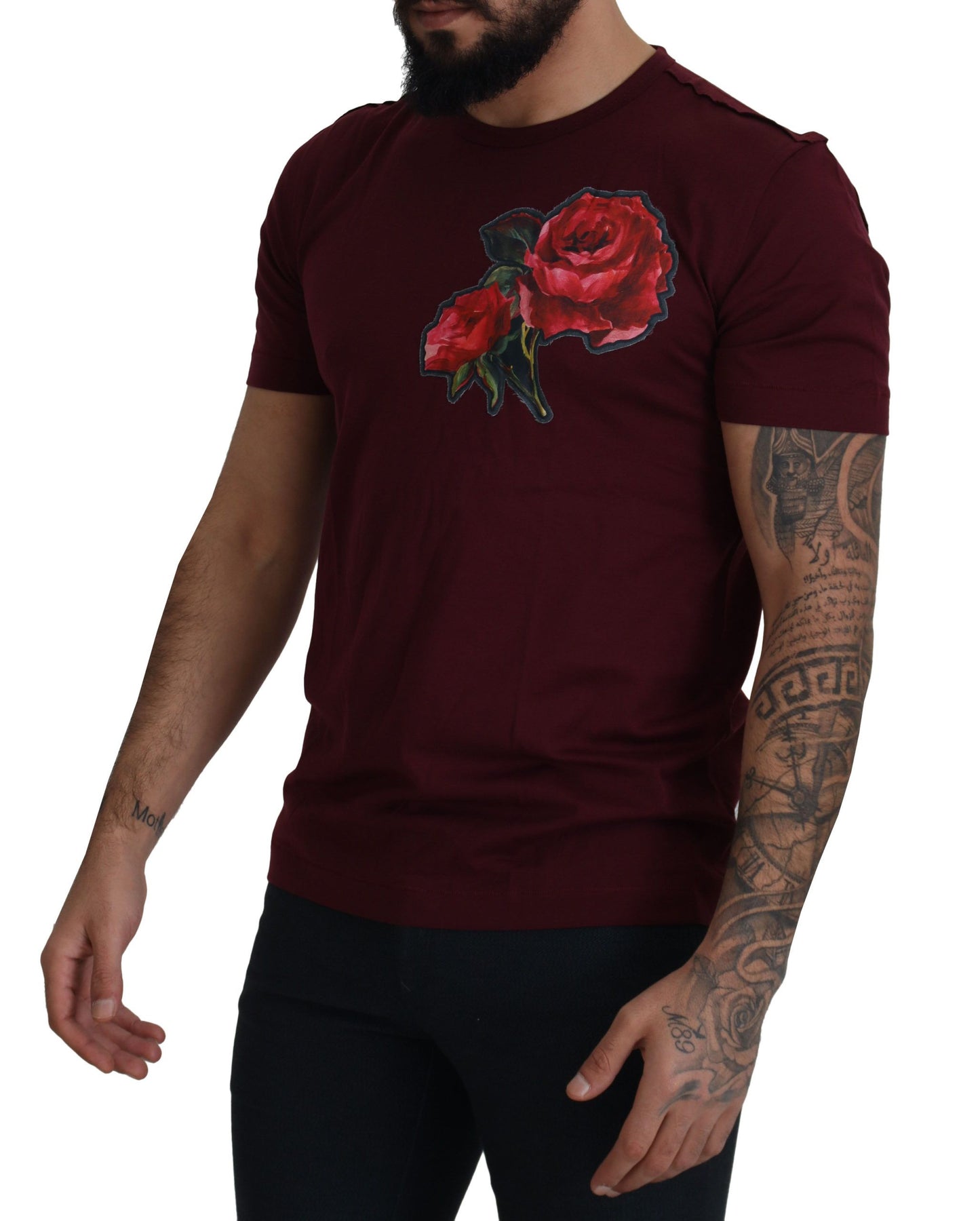T-shirt en coton à col rond avec roses de Bordeaux de Dolce & Gabbana