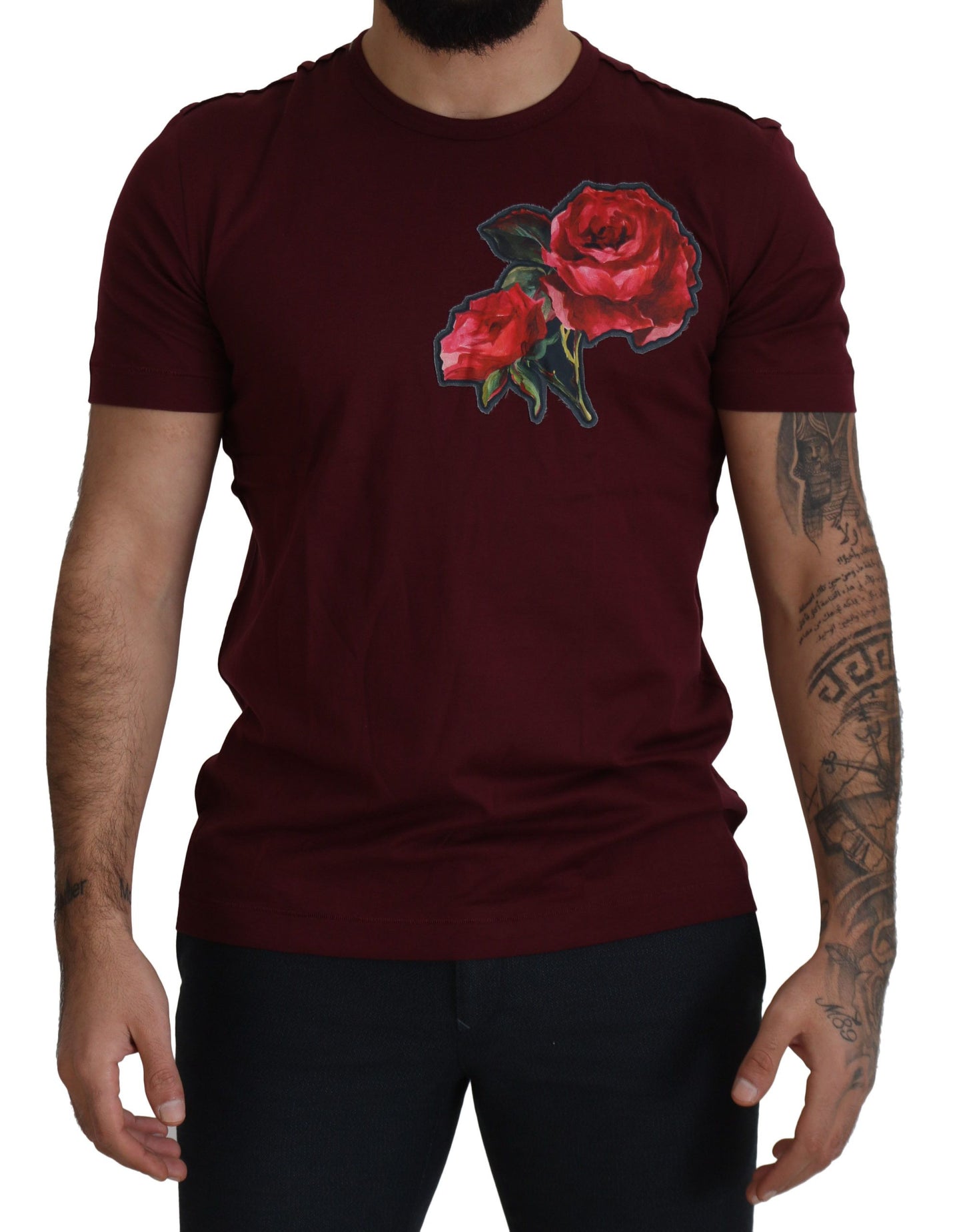 T-shirt en coton à col rond avec roses de Bordeaux de Dolce & Gabbana