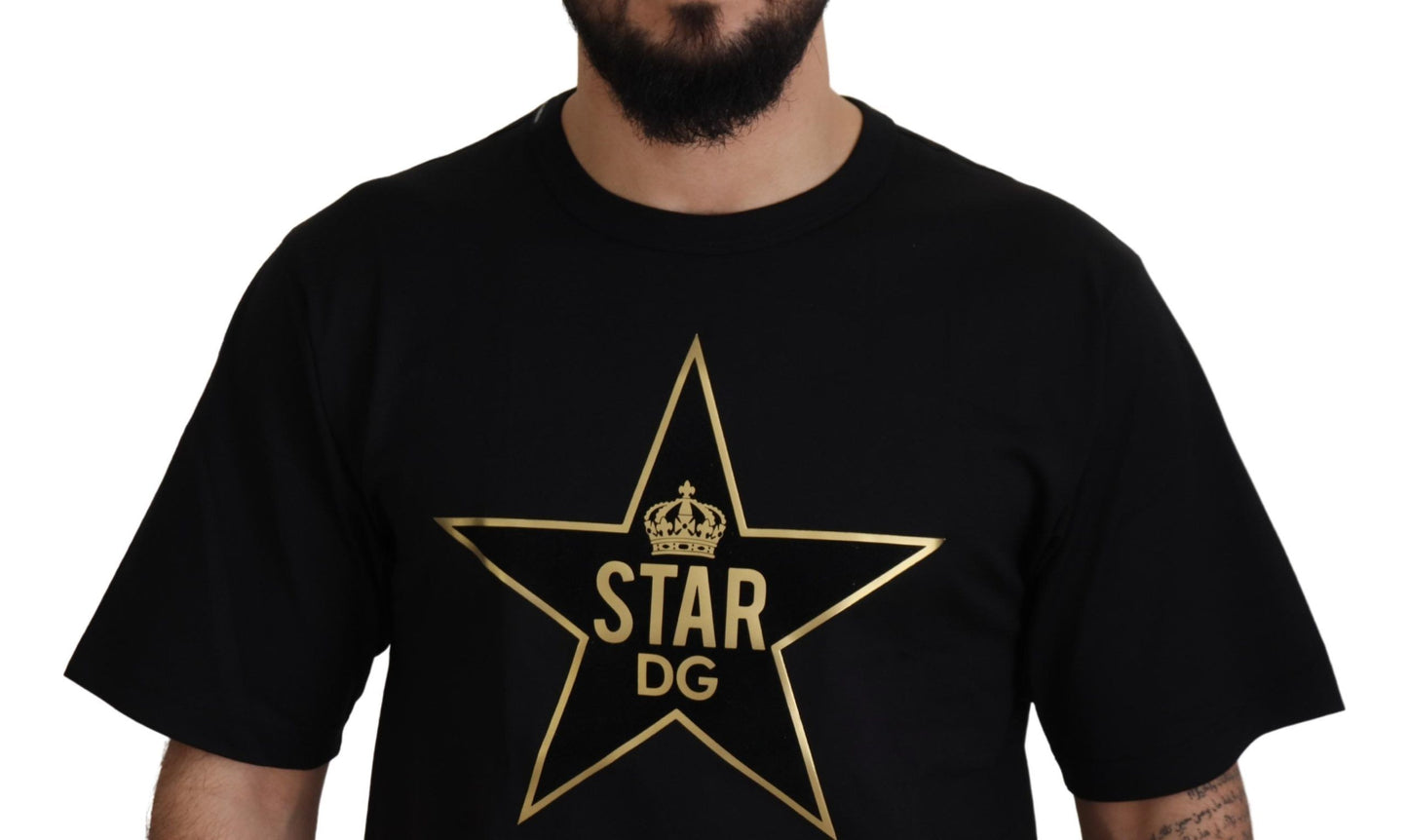 T-shirt en coton à col rond Dolce & Gabbana noir et or avec couronne DG et étoile.