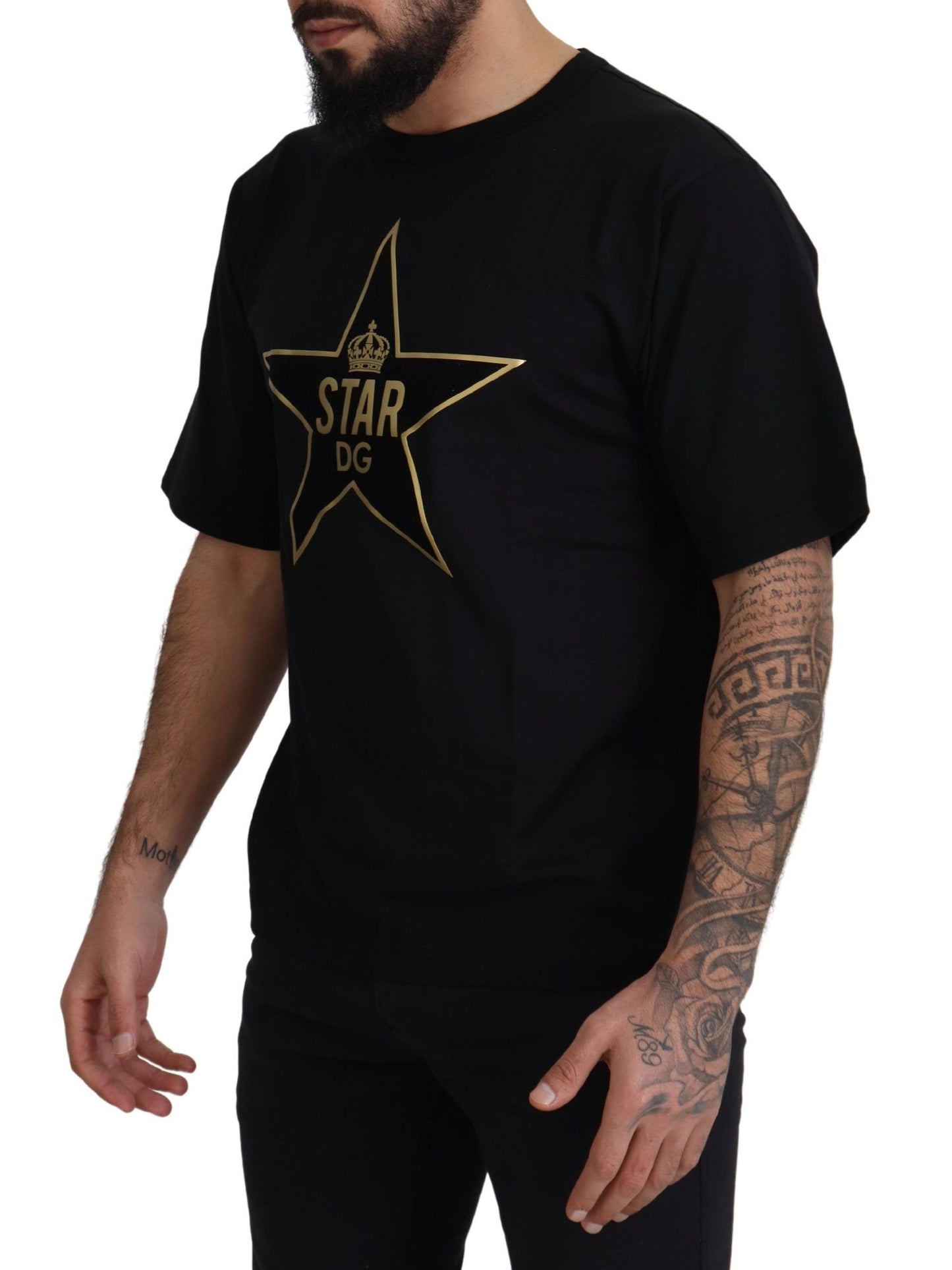 T-shirt en coton à col rond Dolce & Gabbana noir et or avec couronne DG et étoile.