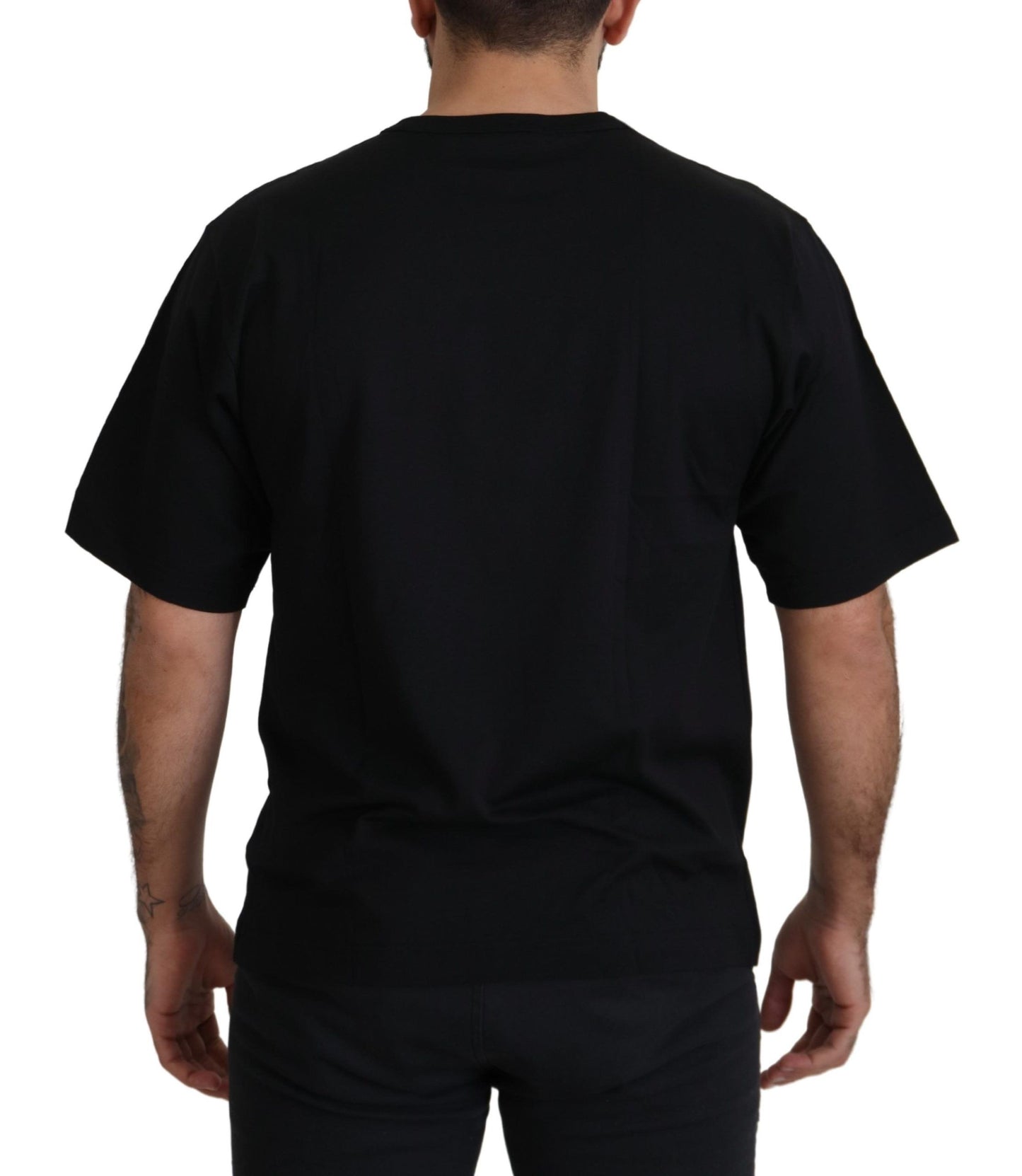 T-shirt en coton à col rond Dolce & Gabbana noir et or avec couronne DG et étoile.