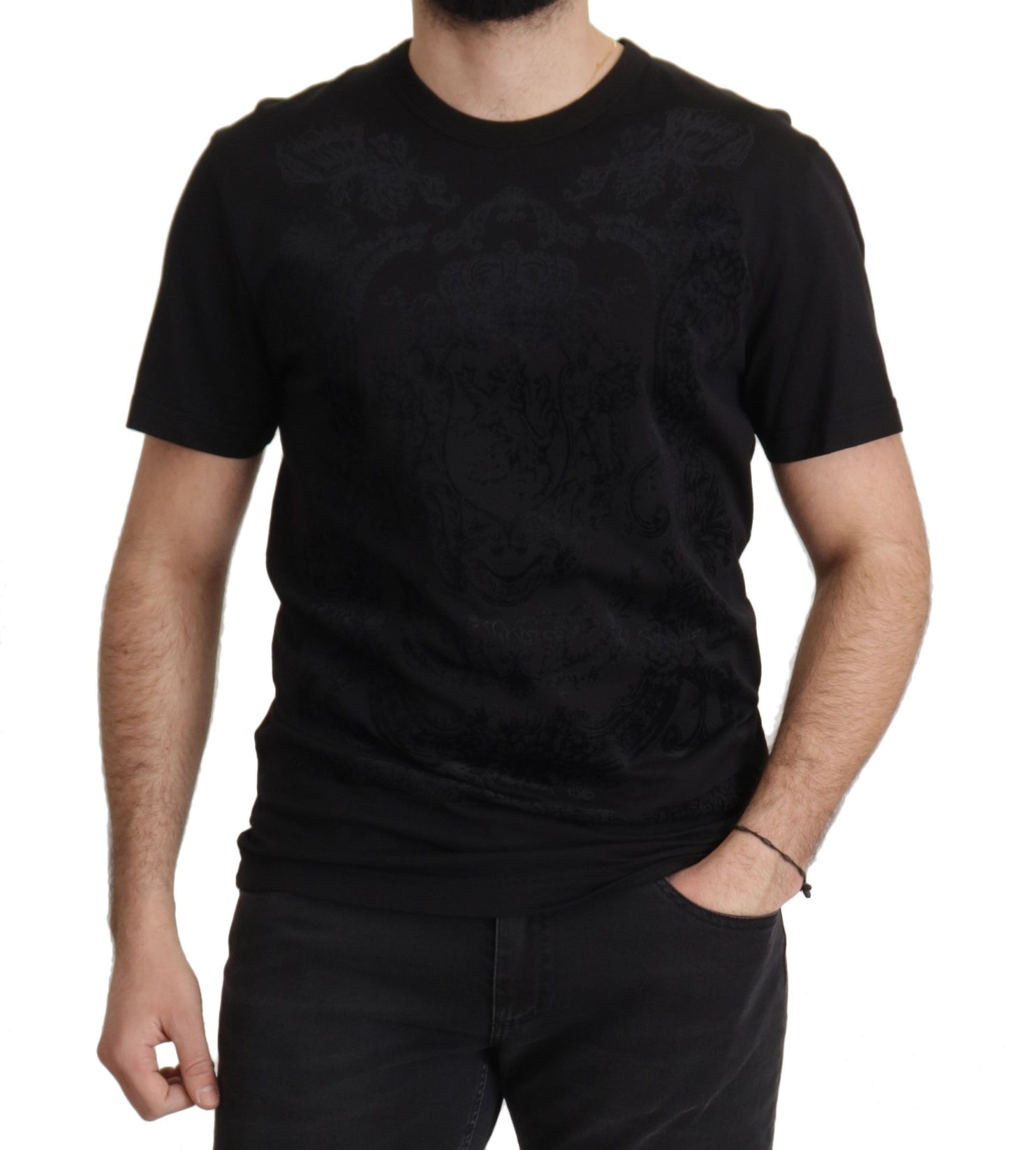 T-shirt à col rond en coton noir avec motif baroque DG de Dolce & Gabbana