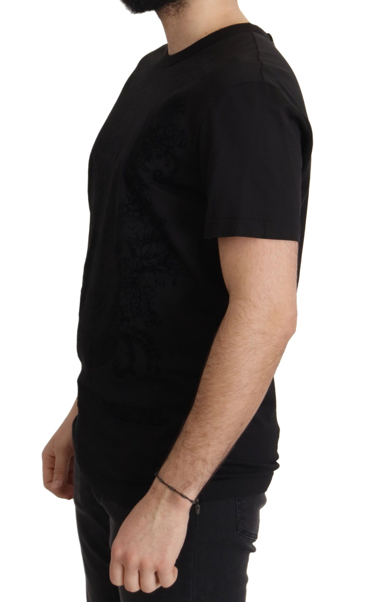 T-shirt à col rond en coton noir avec motif baroque DG de Dolce & Gabbana