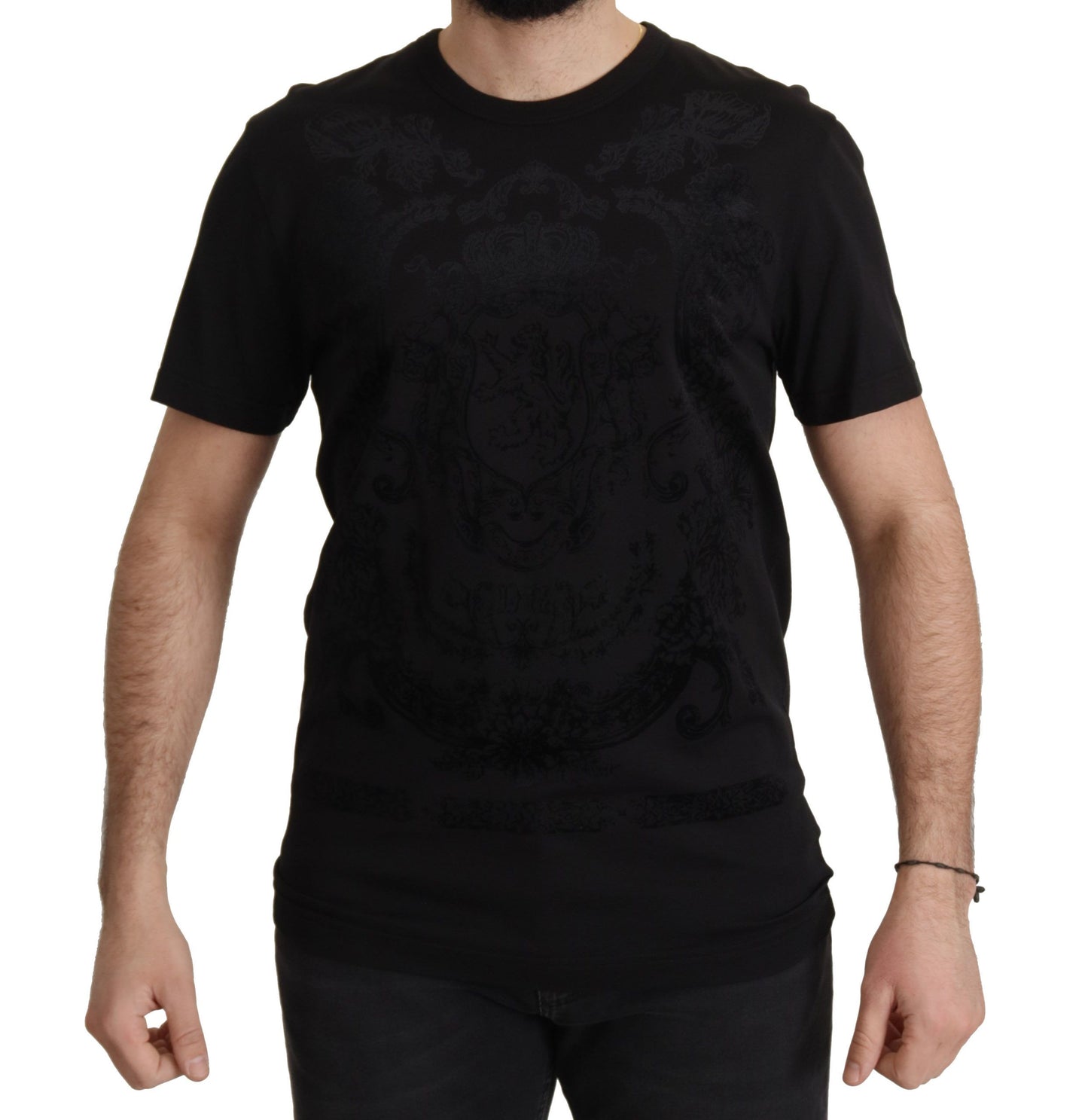 T-shirt à col rond en coton noir avec motif baroque DG de Dolce & Gabbana