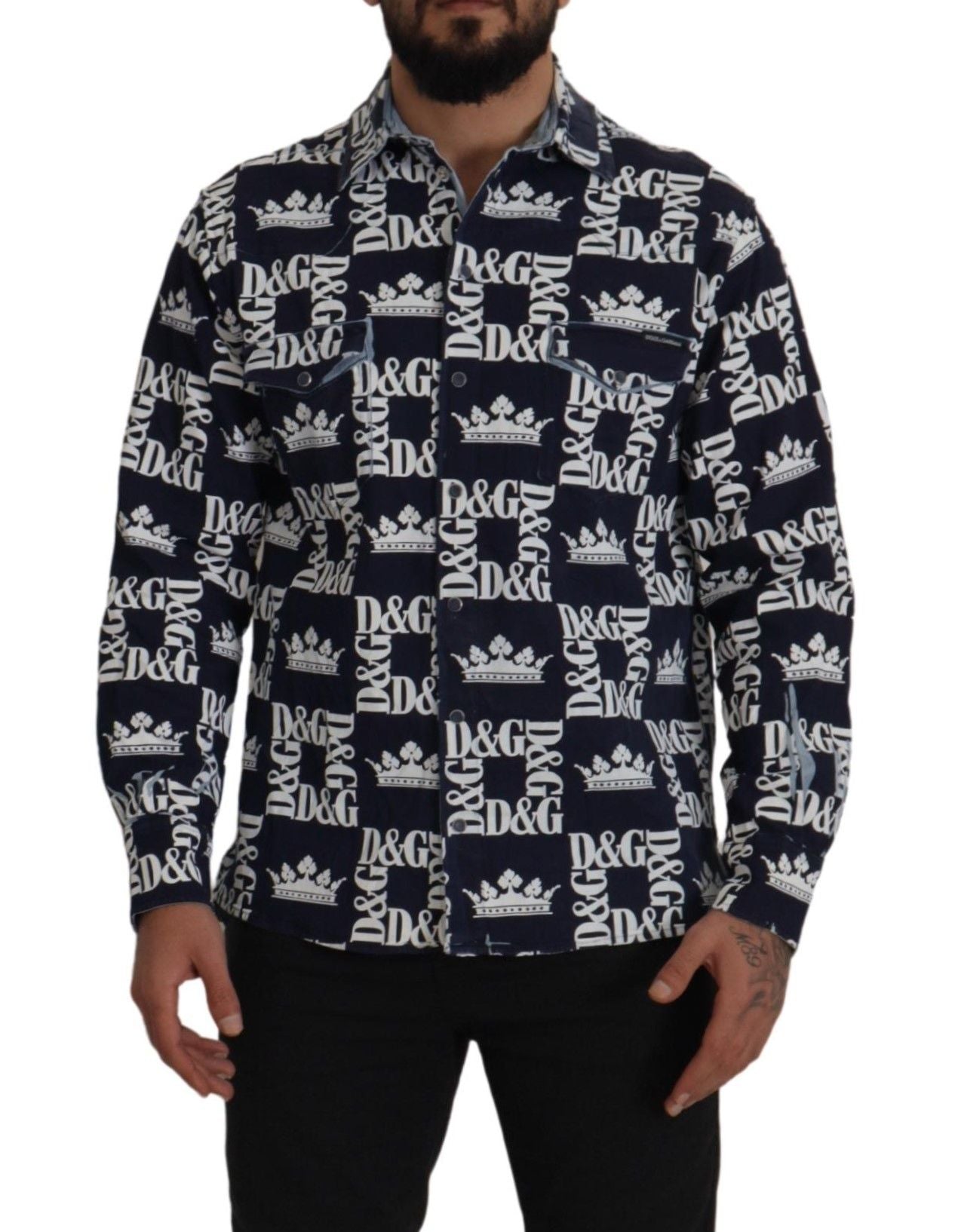 Chemise décontractée en jean extensible bleu avec logo DG Crown de Dolce & Gabbana